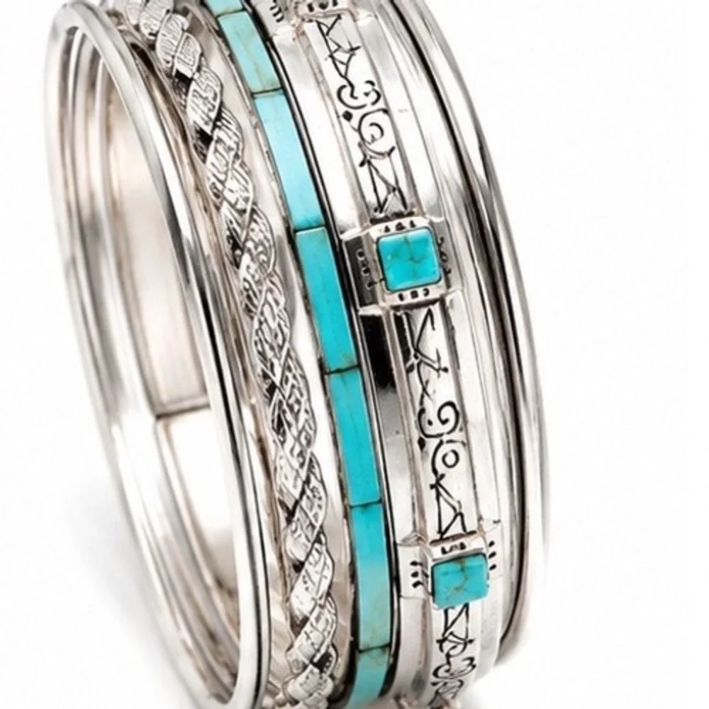 Silver & Turquoise Tone Bangle Bracelet Stack 6 Set Bohemian Southwestern Style